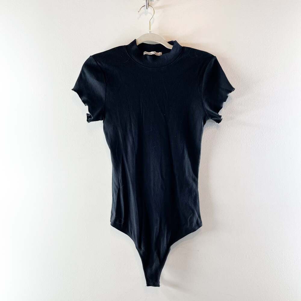 Abercrombie & Fitch Short Sleeve Mock Neck Ribbed Thong Bodysuit Black Large